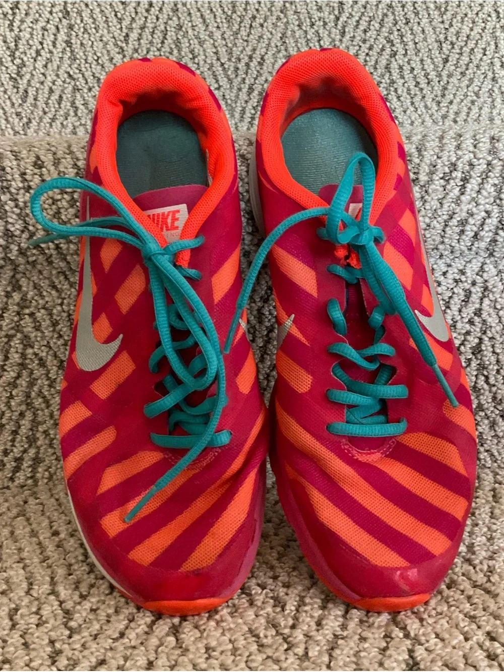 Nike Pink and Orange Women's Running Shoes with Teal Laces